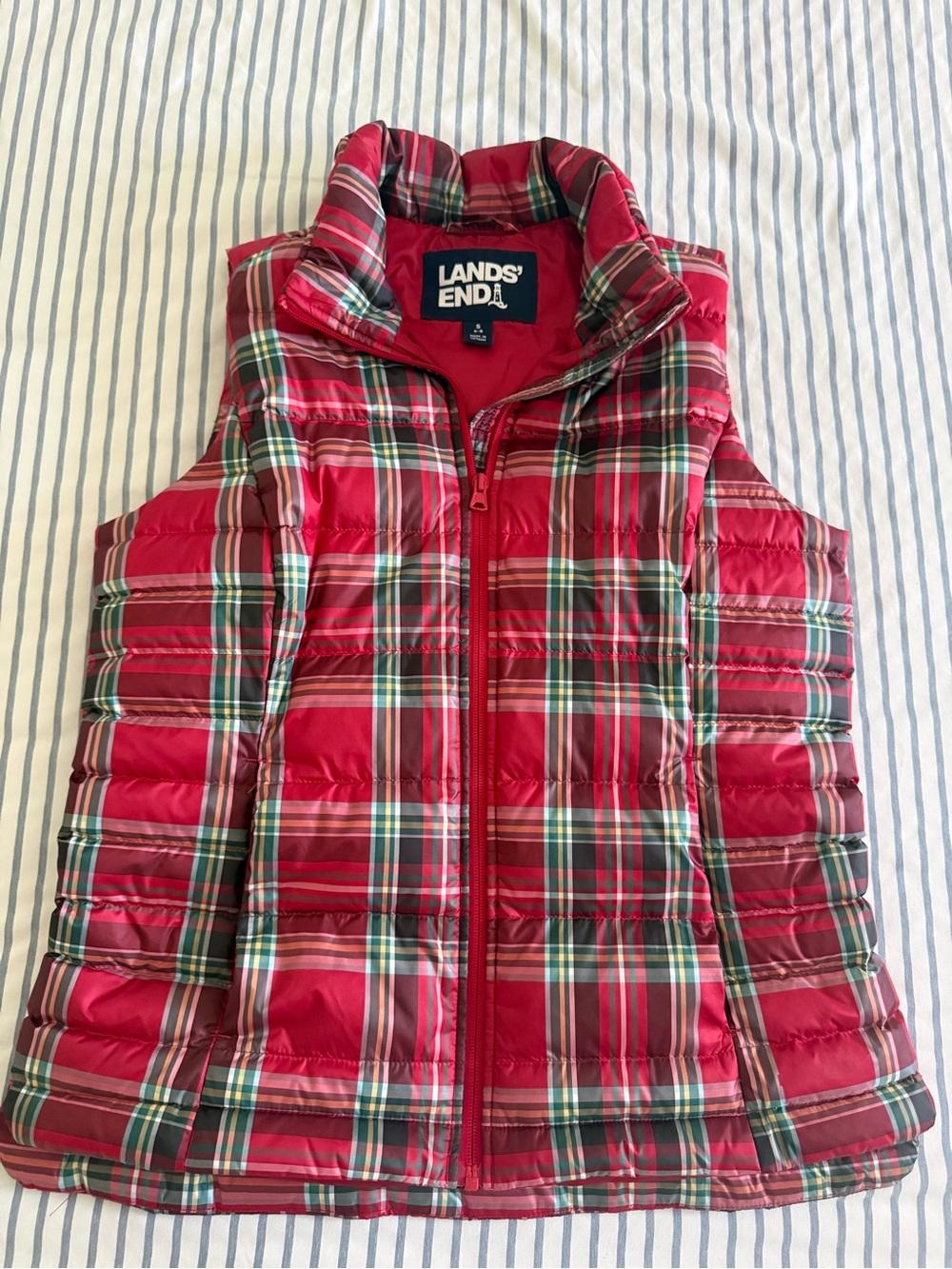 Lands' End Womens Red Plaid Puffer Vest